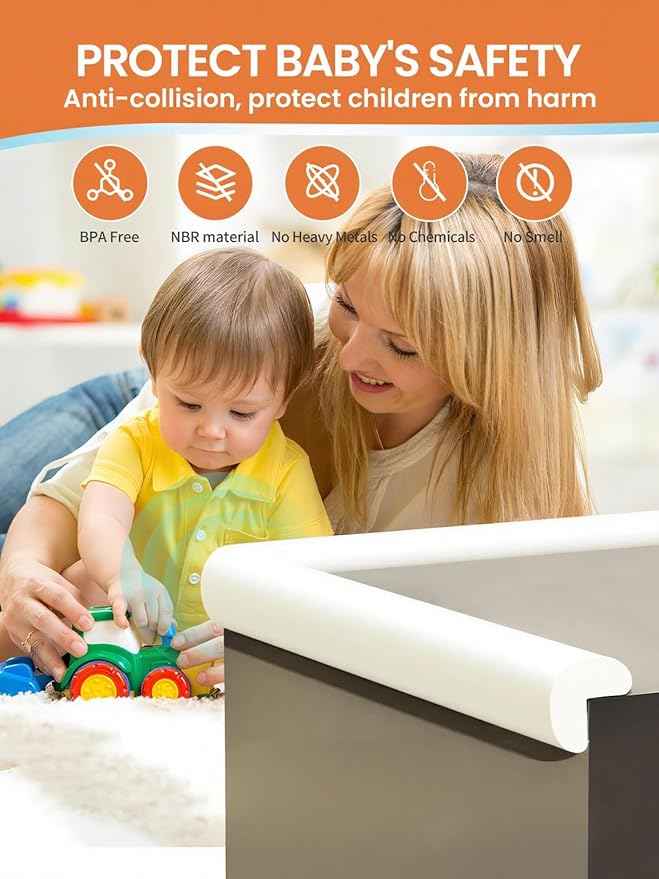 Baby Proof Edge Corner Protector, 6.56FT 0.47''Th L-Shape Furniture Corner & Edge Safety Bumpers with 6 Corners, Pre-Taped, Soft NBR Rubber Foam Desk Edge Cushion Wall Corner Protector（White）-CubbioJoy