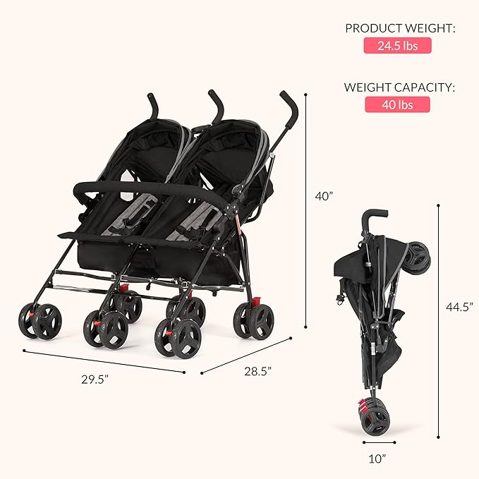 Dream On Me Volgo Twin Umbrella Stroller in Black, Lightweight Double Stroller for Infant & Toddler, Compact Easy Fold, Large Storage Basket, Large and Adjustable Canopy-CubbioJoy