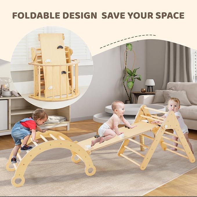 Asweets Pikler Triangle Set, 5 in 1 Foldable Montessori Climbing Set with Ramp, Baby Climbing Toys for Indoor Playground, Jungle Gym for Kids with Arch Climber, Rocker, Suitable for Toddlers-CubbioJoy