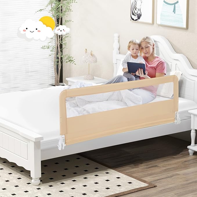 BABY JOY Bed Rails for Toddlers, 59'' Extra Long, Swing Down Bed Guard w/Safety Strap, Folding Baby Bedrail for Kids Twin, Double, Full Size Queen & King Mattress (59-Inch, Beige)-CubbioJoy