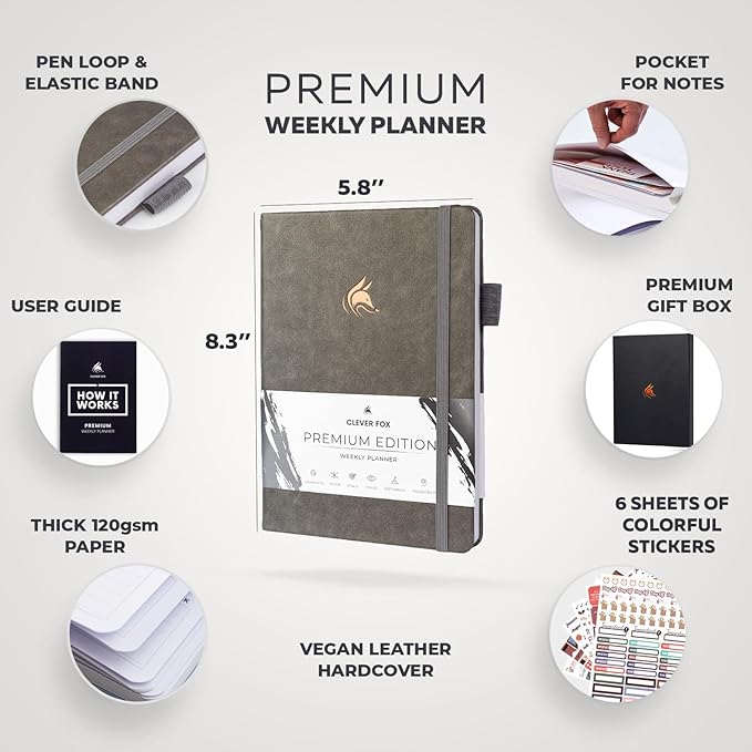 Clever Fox Planner Premium Edition – Undated Luxurious Weekly & Monthly Planner to Increase Productivity and Hit Your Goals – Organizer – Start Anytime, A5, Lasts 1 Year, Gray (Weekly)-CubbioJoy