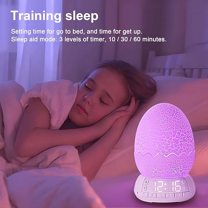 Dinosaur Egg Shape Touch Control Night Light with Pattern Inside, Digital Alarm Clock with Wake Up Light, 20 Soothing Sleep Training Sound and Bluetooth Speaker Box (2025 Style)-CubbioJoy