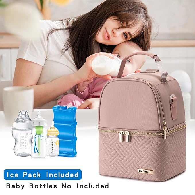 Breastmilk Cooler Bag with Ice Pack Fits 6 Baby Bottles up to 9 Ounce, Breast Milk Pump Cooler Bag with Shoulder Strap for Nursing Mom Daycare, Work, Travel- Pink-CubbioJoy