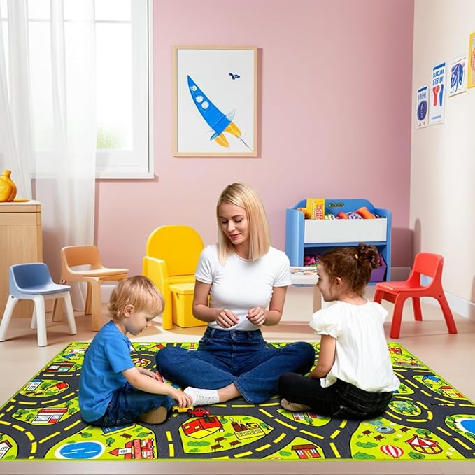 Car Rug for Kids 2.6x5 Feet - City Road Track Rug, Educational Car Floor Mats for Kid Room Playroom Games Room-CubbioJoy