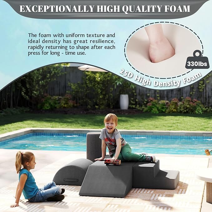 jela Foam Blocks 6Pcs Soft Play Equipment Waterproof Fabric, UV Resistant Toddler Climbing Toys Indoor& Outdoor Soft Play Climbing for Toddlers, Lightweight Climbing Blocks for Babies, Kids (Darkgrey)-CubbioJoy