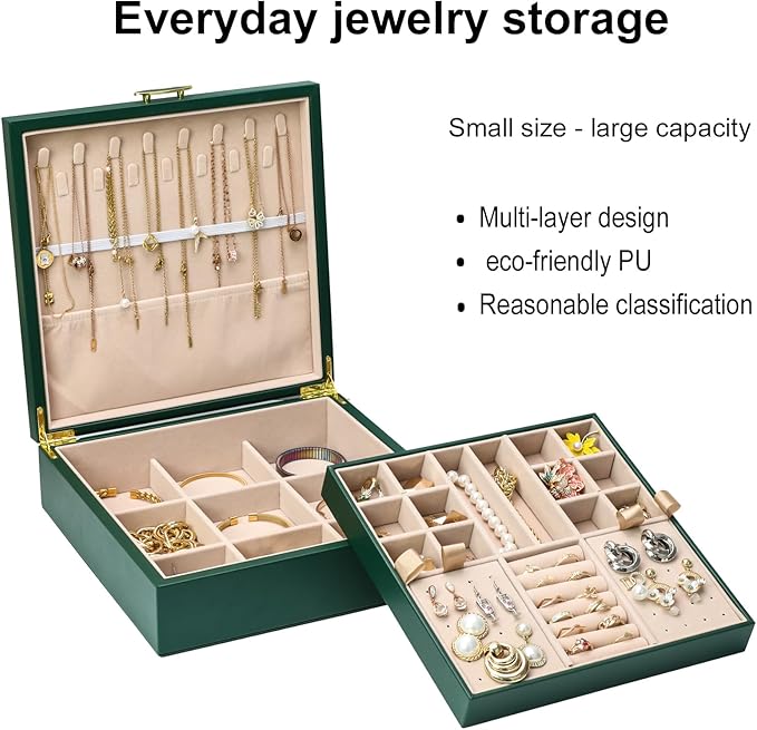 2-layer jewelry box，Jewelry Organizer with Handle，with hanging necklace hooks, detachable jewelry trays, suitable for storing a large amount of jewelry gift box (Large-Green)-CubbioJoy