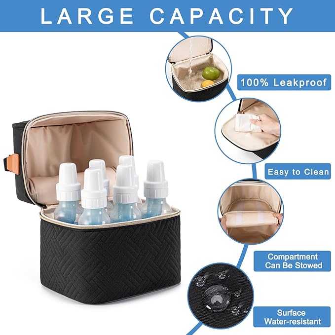 Breastmilk Cooler Bag with Ice Pack & Mat Fit 6 Bottles Up to 9 Ounce, Baby Bottle Cooler Bag for Moms, Daycare & Travel, Black-CubbioJoy