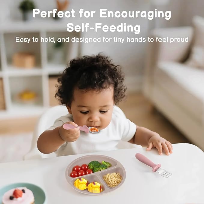 2 Pack Silicone Divided Baby Plates with Suction, 2 Pack Toddler Forks and Spoons Set, BPA Free, Baby Feeding Set for Toddler Utensils, Microwave and Dishwasher Safe-CubbioJoy