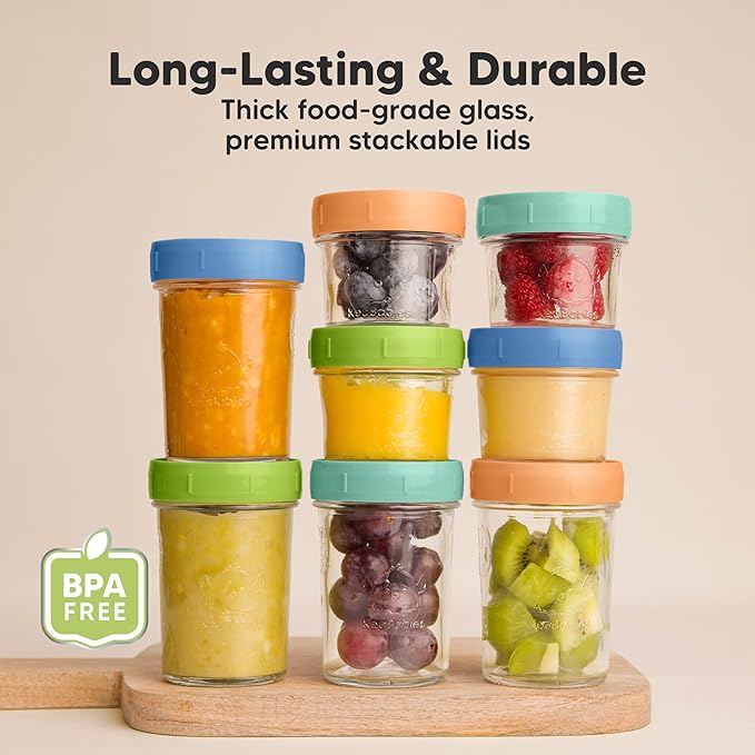KeaBabies 4pk 8oz Glass Baby Food Containers with Lids - Leak-Proof, Microwavable Small Glass Jars, Baby Purees & Toddler Snack Storage Containers, BPA-Free, Dishwasher & Freezer Safe (Kea)-CubbioJoy