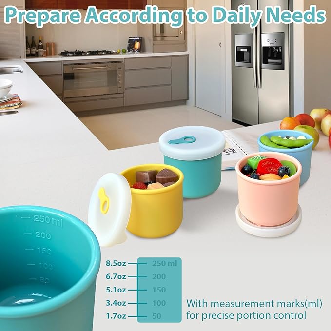 8.5 OZ Silicone Food Storage Containers, Baby Food Storage Jars with Airtight Lids and Snack Cup Lid, Freezer, Microwave and Dishwasher Safe, Reusable Snack Containers for Kids, Infant, Toddler, 4 Pcs-CubbioJoy