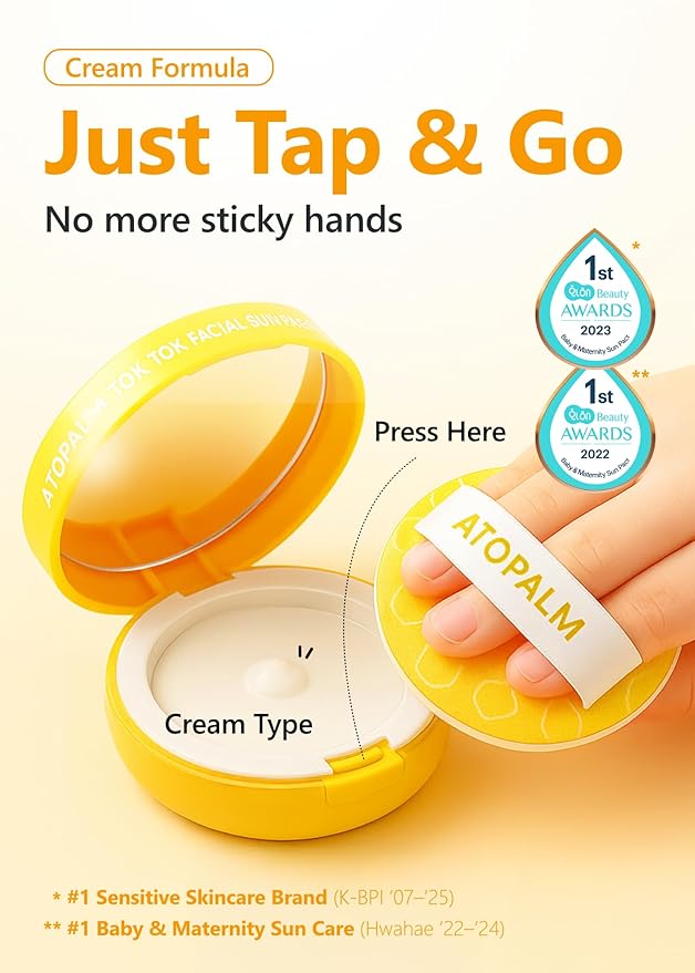 ATOPALM | Tok Tok Facial Sun Pact | Sun Cushion SPF43 PA+++ | Sunscreen Korean | For Dry and Sensitive Skin | Outdoor Sunscreen Compact | Moisturizing Spf Cushion Mineral Cream | Korean Skincare | 15g-CubbioJoy
