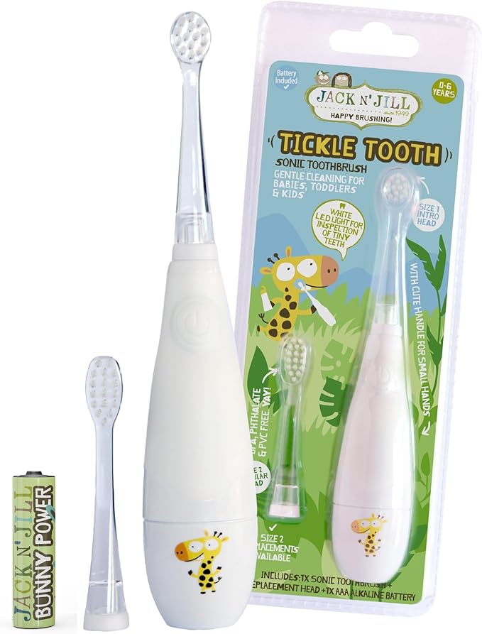 Jack N' Jill Tickle Tooth Sonic Electric Toothbrush with Replacement Head - Gentle Cleaning, Made for Tiny Teeth, LED Inspection Light, for Babies & Kids, Extra Soft Bristles - (1 Pack)-CubbioJoy