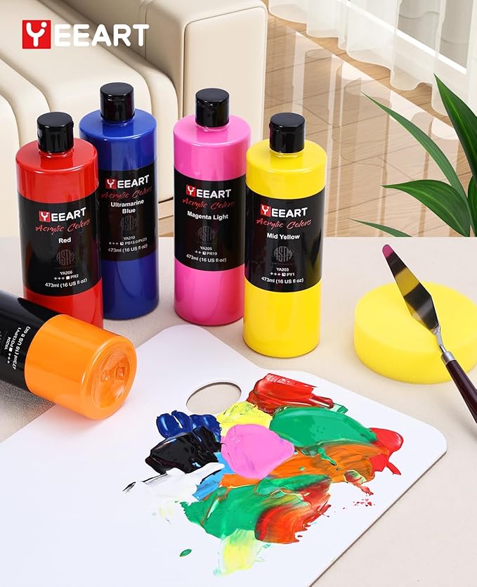 Acrylic Paint Set, 12 Colors Acrylic Paint Large Bottle Set, 16OZ Each, Rich Pigmented Canvas Paint, Premium Non-toxic Paints for Artists, Acrylic Paint Set for Kids & Adults, Art Supplies for Canvas-CubbioJoy