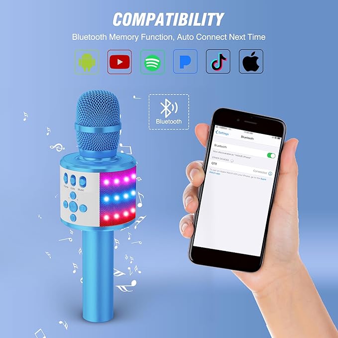 BONAOK Karaoke Microphone for Kids & Adults - Bluetooth Microphones Singing Mic with Disco Lights, Echo Effect, Built-in Speaker Portable Karaoke Player for Party Travel Gifts Q78(Blue)-CubbioJoy