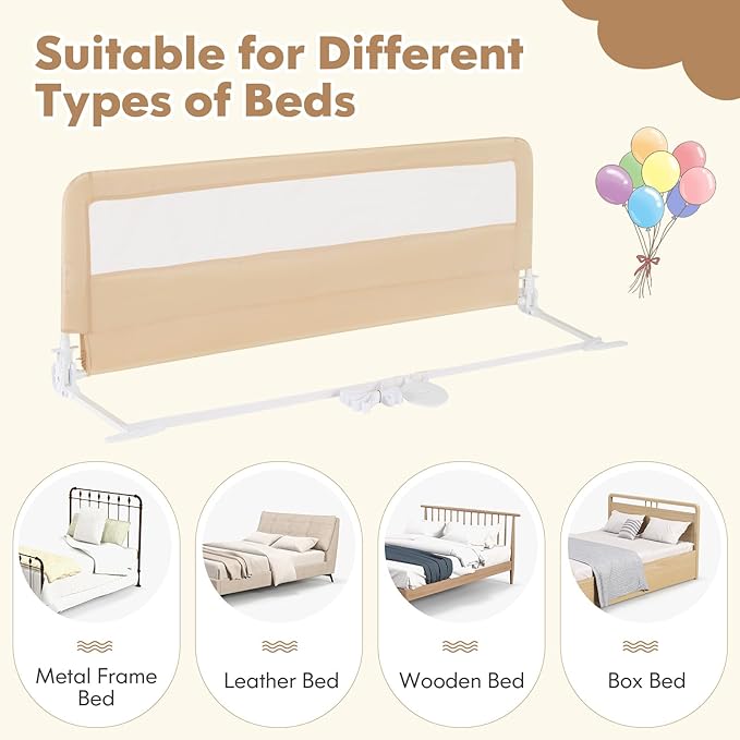 BABY JOY Bed Rails for Toddlers, 59'' Extra Long, Swing Down Bed Guard w/Safety Strap, Folding Baby Bedrail for Kids Twin, Double, Full Size Queen & King Mattress (59-Inch, Beige)-CubbioJoy