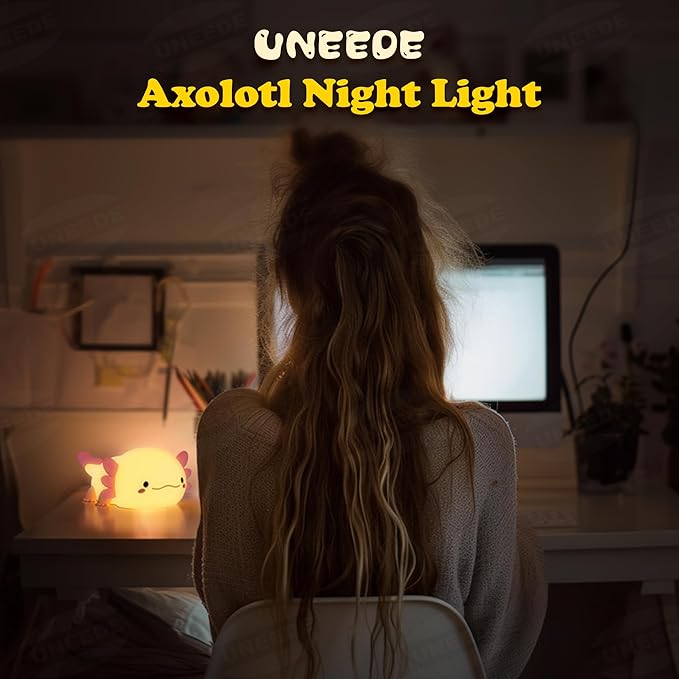 UNEEDE Axolotl Night Light for Kids,Animal Silicone Nursery Night Lamp, Rechargeable Table Lamp Bedside Lamp,Cute Room Decor Night Light for Bedroom,Living Room,Dining,Desk Decorations,Gift-CubbioJoy
