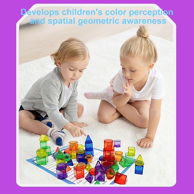 3D Geometric Solids 60 Pcs for Kids Translucent Geometric Shapes for Geometry Beginnings,Light Table Manipulatives Toy Math Helper School Supplies-CubbioJoy
