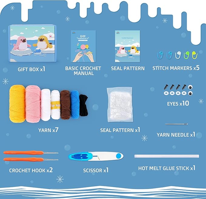 Crochet Kit for Beginners - Seal Crochet Kits with Step-by-Step Video Tutorials, Beginner Crochet Kit for Adults Kids, Crochet Animal Kit, 2 PCS Seals with a Fish Crocheting Set-CubbioJoy