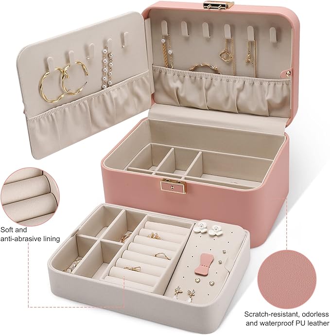 KAMIER Jewelry Boxes for Women, 2 Layers PU Leather Travel Jewelry Box, Large Capacity, Double Lock and Large Mirror, Hidden Necklace Hooks, Removable Dividers, Gift Box Packaging, Pink-CubbioJoy