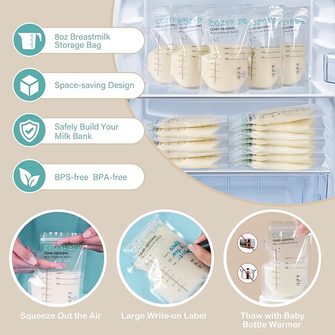 100 Pcs Breastmilk Storage Bags, 8Oz Breast Milk Storing Bag with Pour Spout, Temperature-Sensing Color Change Milk Bag for Convenient Breastfeeding, No Leak Presterilized for Freezer-CubbioJoy