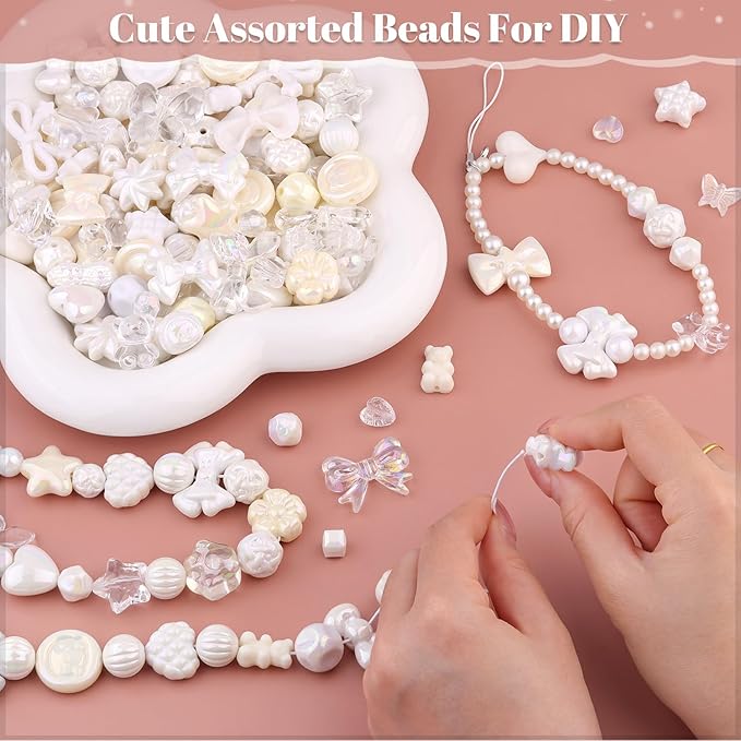 Assorted 170-230PCS White Acrylic Beads for Bracelet Making, Flower Bow Butterfly Candy GummyBear Aesthetic Bracelet Charms,Cute Beads for Jewelry Making DIY Necklace Keychain Phone Charm-CubbioJoy