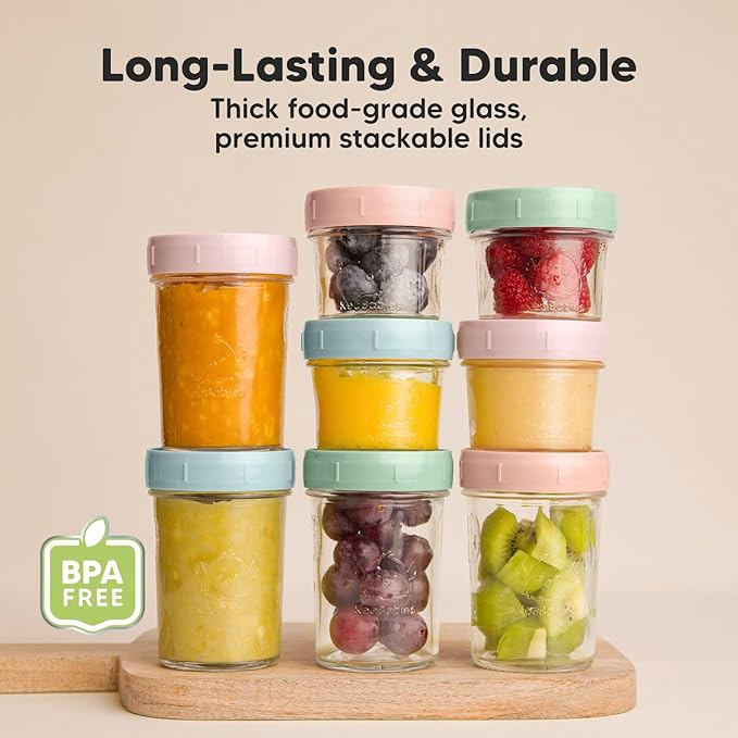 KeaBabies 4pk 8oz & 4pk 4oz Glass Baby Food Containers with Lids - Leak-Proof,Microwavable Small Glass Jars,Baby Purees & Toddler Snack Storage Containers,BPA-Free,Dishwasher & Freezer Safe(Musk Dusk)-CubbioJoy