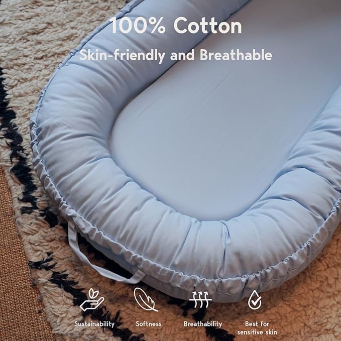 Infant Lounger, Baby Nest Cover for Baby Girls & Boys, Newborn Essentials for Baby 0-18+ Months, 100% Cotton Breathable (Baby Blue)-CubbioJoy