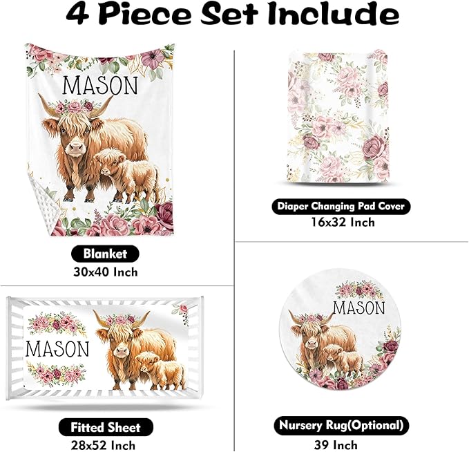 Custom Nursery Crib Bedding Set: Personalized Name 4 Piece Flower Highland Cow Design Baby Crib Sets for Baby Girls - Toddler Double Layer Blanket Set, Comfortable Crib Bed Sheets for Baby Toddlers-CubbioJoy
