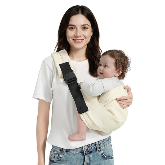Baby Sling Carrier, Toddler Carrier Sling with Double Safety Buckle and Adjustable Shoulder Strap(7-30lbs), Baby Carriers One Size Fits All, Beige-CubbioJoy