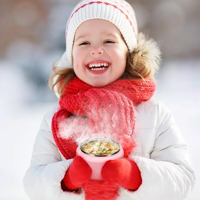 13.5oz Kids Thermos for Hot Food, Insulated Vacuum Food Jar with Buckle Lid, Stainless Steel Wide Mouth Leak Proof Insulated Lunch Container for School Picnic Travel,Pink-CubbioJoy