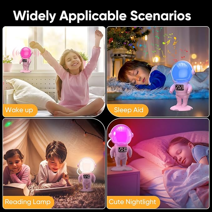 Astronaut Sunrise Alarm Clock for Kids, White Noise Sound Machine with 30 Soothing Sounds, 22 Dimmable Nightlights, Bluetooth Speaker, Dual Digital Alarm Clocks, Wake Up Light for Bedroom, Adults-CubbioJoy