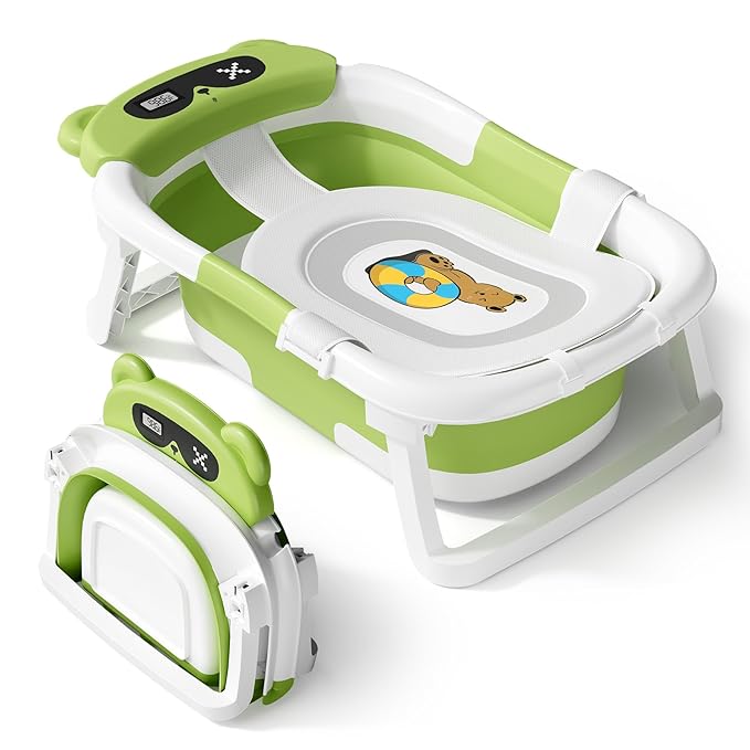 AVIDOR Baby Bathtub,Collapsible Bathtub for Newborn to Toddler,Durable Essential Infant Bath Tub,Portable Travel Baby Tub with Soft Cushion,No-Slip Hanging and Detachable(Green)-CubbioJoy