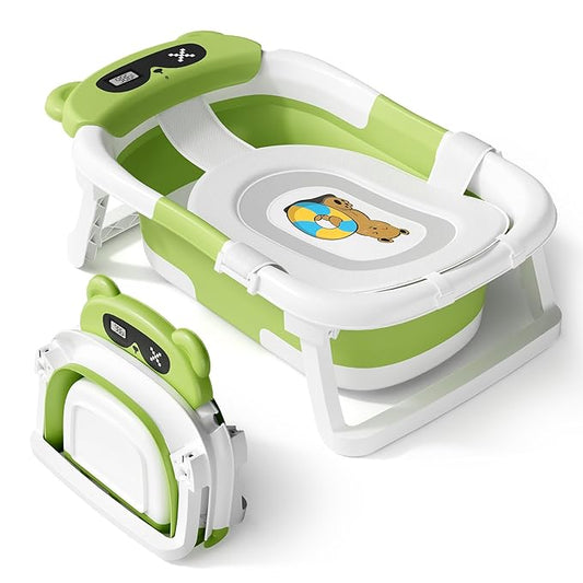 AVIDOR Baby Bathtub,Collapsible Bathtub for Newborn to Toddler,Durable Essential Infant Bath Tub,Portable Travel Baby Tub with Soft Cushion,No-Slip Hanging and Detachable(Green)-CubbioJoy