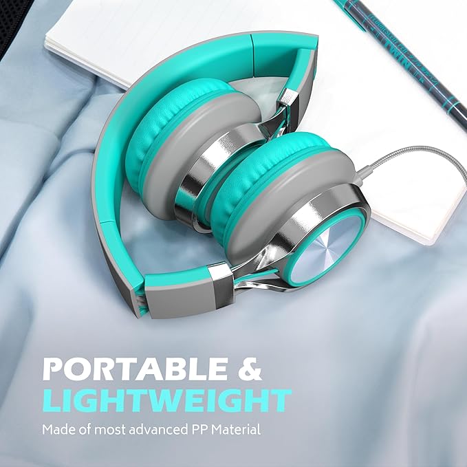 AILIHEN C8 Wired Headphones with Microphone and Volume Control Folding Lightweight Corded Headset for Cellphones Tablets Chromebook Phones Smartphones Laptop Computer PC Mp3/4 (Grey/Mint)-CubbioJoy