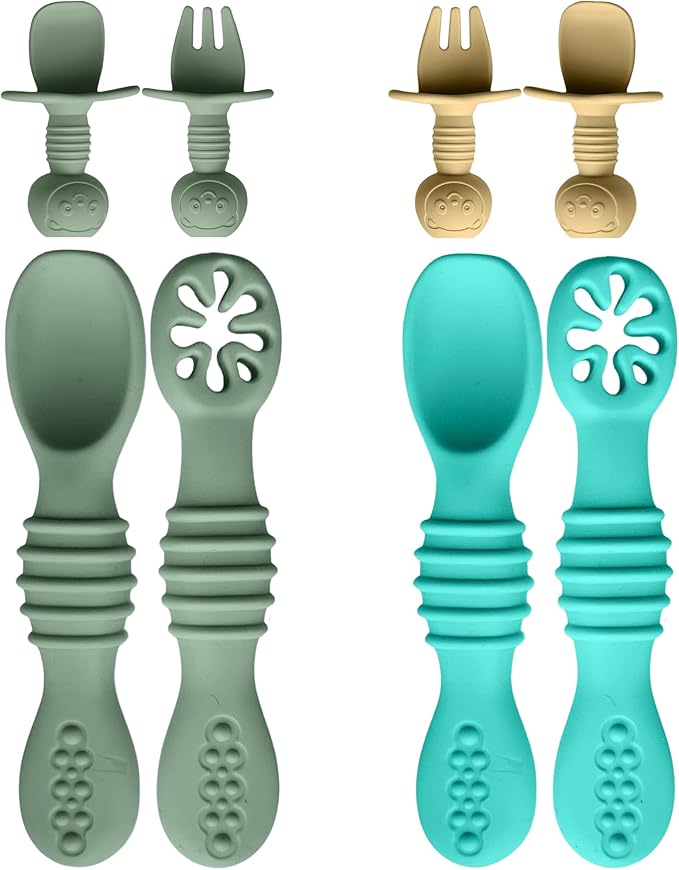 8pc Silicone Baby Spoons & Forks Set – Self Feeding Baby Utensils 6-12 Months – BPA Free, Dishwasher Safe – Toddler Cutlery (Turquoise/Pickle & Green/Yellow)-CubbioJoy
