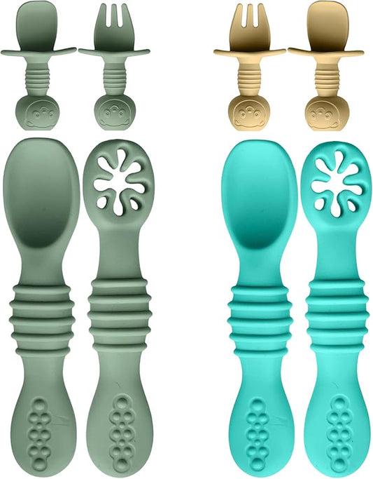8pc Silicone Baby Spoons & Forks Set – Self Feeding Baby Utensils 6-12 Months – BPA Free, Dishwasher Safe – Toddler Cutlery (Turquoise/Pickle & Green/Yellow)-CubbioJoy