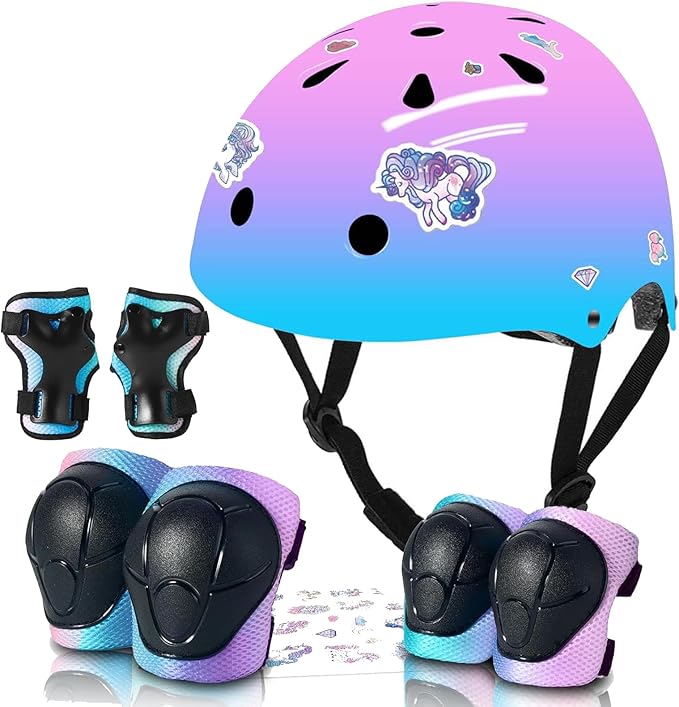 Adjustable Kids Bike Helmet with Knee & Elbow Pads Set, Color Gradient Design for Boys and Girls Aged 3-14+, for Skateboarding, Scooter, Roller & Inline Skating, Longboard-CubbioJoy