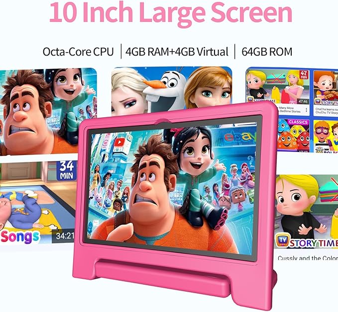 JREN Tablet for Kids｜10.1 Inch Kids Tablet Android 14｜Octa-core｜64GB｜WiFi ｜Bluetooth｜Parental Control｜Children Content｜Children Toddler Pink Girls Gift-CubbioJoy