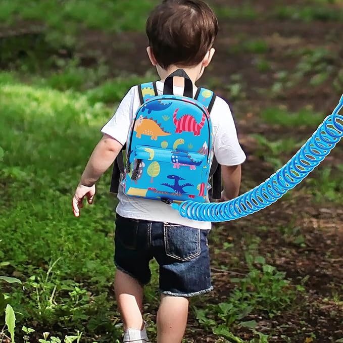 Accmor Toddler Backpack Leash with Anti Lost Wrist Link, Cute Mini Child Walking Harnesses Keep Kids Close Back Pack Rope Tether Rein for Baby Boys (Light Blue/Dino)-CubbioJoy