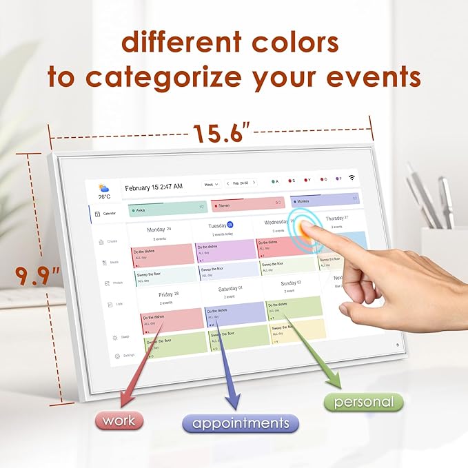 Digital Calendar 15.6 Inch, Electronic Calendar Chore Family Schedules, Smart Weekly and Monthly Planner, 1920 * 1080P IPS Touchscreen Interactive Display - Wall Mount White-CubbioJoy