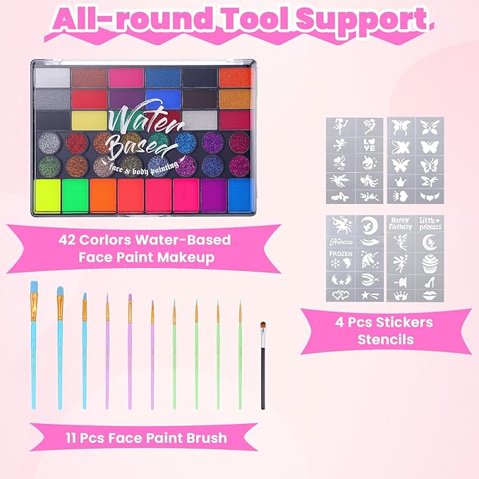 42 Color Face Painting Kit for Kids - Water Based, Non Toxic Face paint palette with Art Brushes, Stencils, Gems - For Halloween, Carnival, Costume Makeup, Parties & Cosplay-CubbioJoy