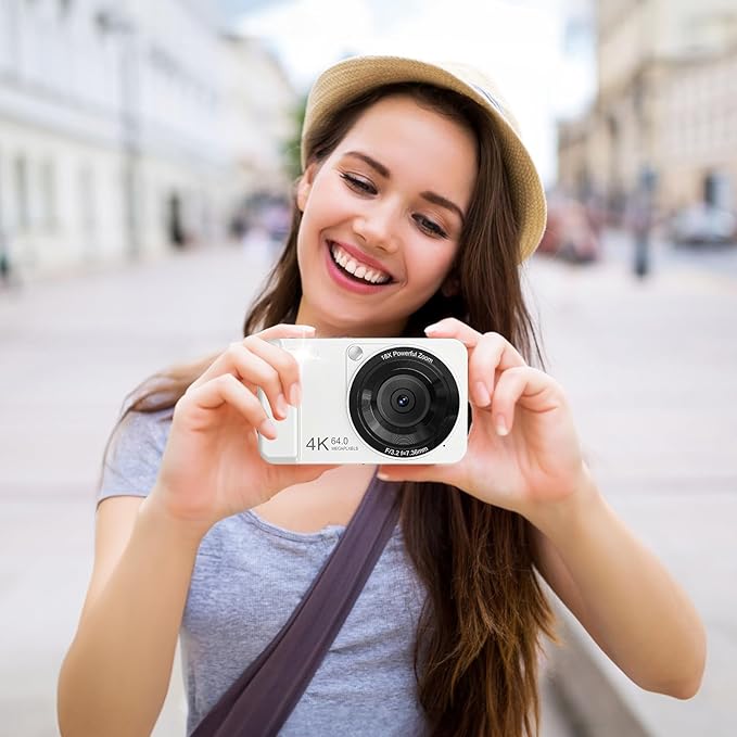 Digital Camera, 4K 64MP, 18X Zoom, Point and Shoot Digital Camera with 64GB TF Card & 2 Batteries, Portable Rechargeable Small Camera for Kids Teens Adult, White-CubbioJoy
