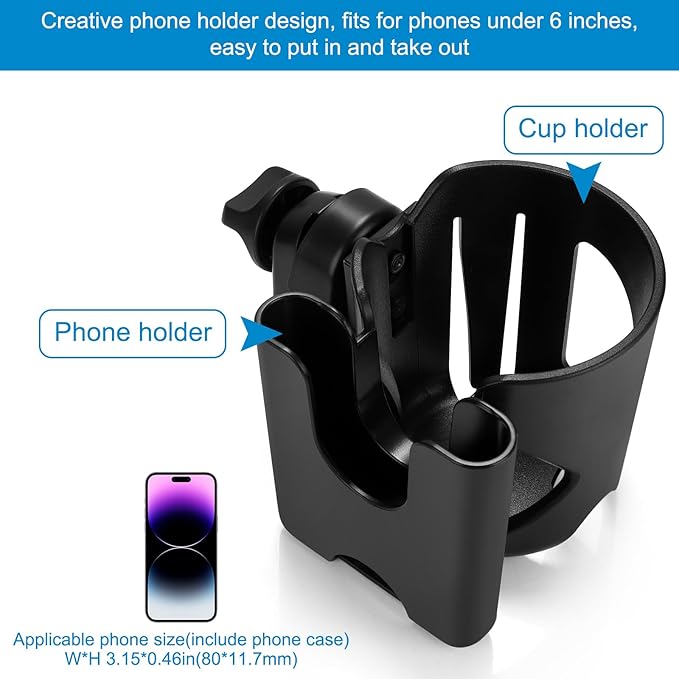 Accmor Universal Cup Holder, Stroller Cup Holder with Phone Holder, 360° Rotatable Large Caliber Designed Bottle Holder for Stroller, Bike, Wheelchair, Walker, Scooter-CubbioJoy