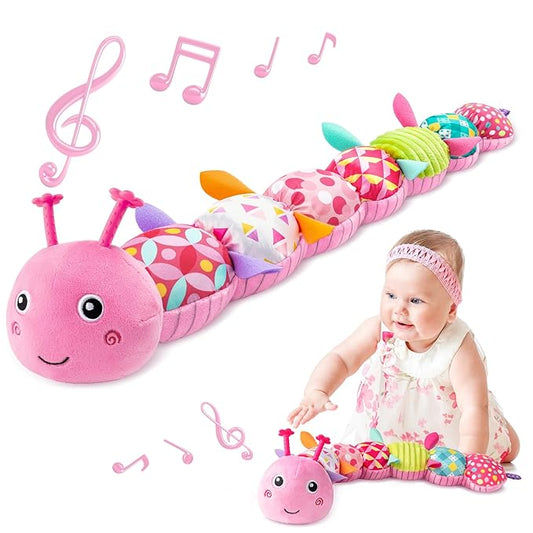 Sumobaby Infant Baby Musical Stuffed Animal Toys for 0-3-6-12 Months,Multi Sensory Toys with Crinkle and Rattles, Tummy Time Toys for Newborn Boys Girls, Caterpillar, Pink-CubbioJoy