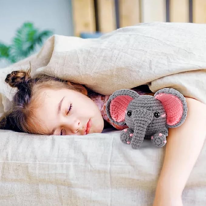 Crochet Kit for Beginners - Elephant Crochet Kits with Step-by-Step Video Tutorials, Beginner Crochet Kit for Adults, Crochet Animal Kit for Kids, Goodnight Elephant Crocheting Set (Grey)-CubbioJoy