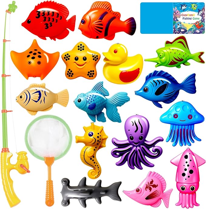 CozyBomB™ Kids Fishing Bath Toys Game | Magnetic Floating Toy Magnet Pole Rod Net, Plastic Floating Fish Toddler Pool Education Teaching and Learning Colors Birthday Age 3 4 5 6 Year-CubbioJoy