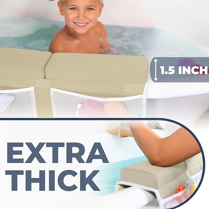 Comfortable Baby Bath Kneeler and Elbow Rest Pad Set – Thick Memory Foam Bath Kneeling Pad with Elbow Support – Baby Bathtub Cushion with Toy Organizer for Bathing Infant or Toddler - Beige-CubbioJoy