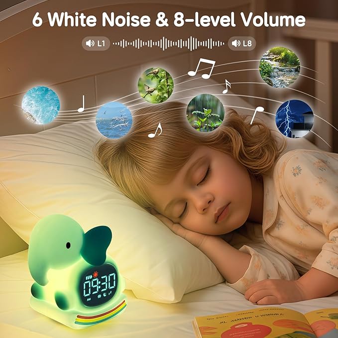 Alarm Clock for Kids with Night Light, Sleep Training Clock Time to Wake Clock, Rechargeable Silicone Light for Bedroom, Perfect Sleep Companion for Boys Girls, Green Elephant-CubbioJoy