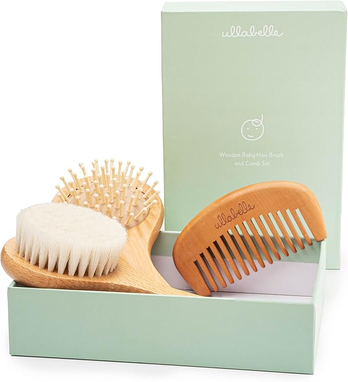 3 Piece Wooden Baby Hair Brush and Comb Set for Newborns & Toddlers in Chic Gift Box - Ultra Soft Natural Goat Hair and Wood Baby Brush Set Prevents Cradle Cap - Perfect Registry Gift (Sage)-CubbioJoy