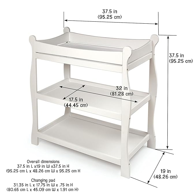 Badger Basket Sleigh Style Baby Changing Table - Nursery Diaper Station with Safety Rails, Foam Pad, and Two Storage Shelves - Nursery Organizer - White-CubbioJoy